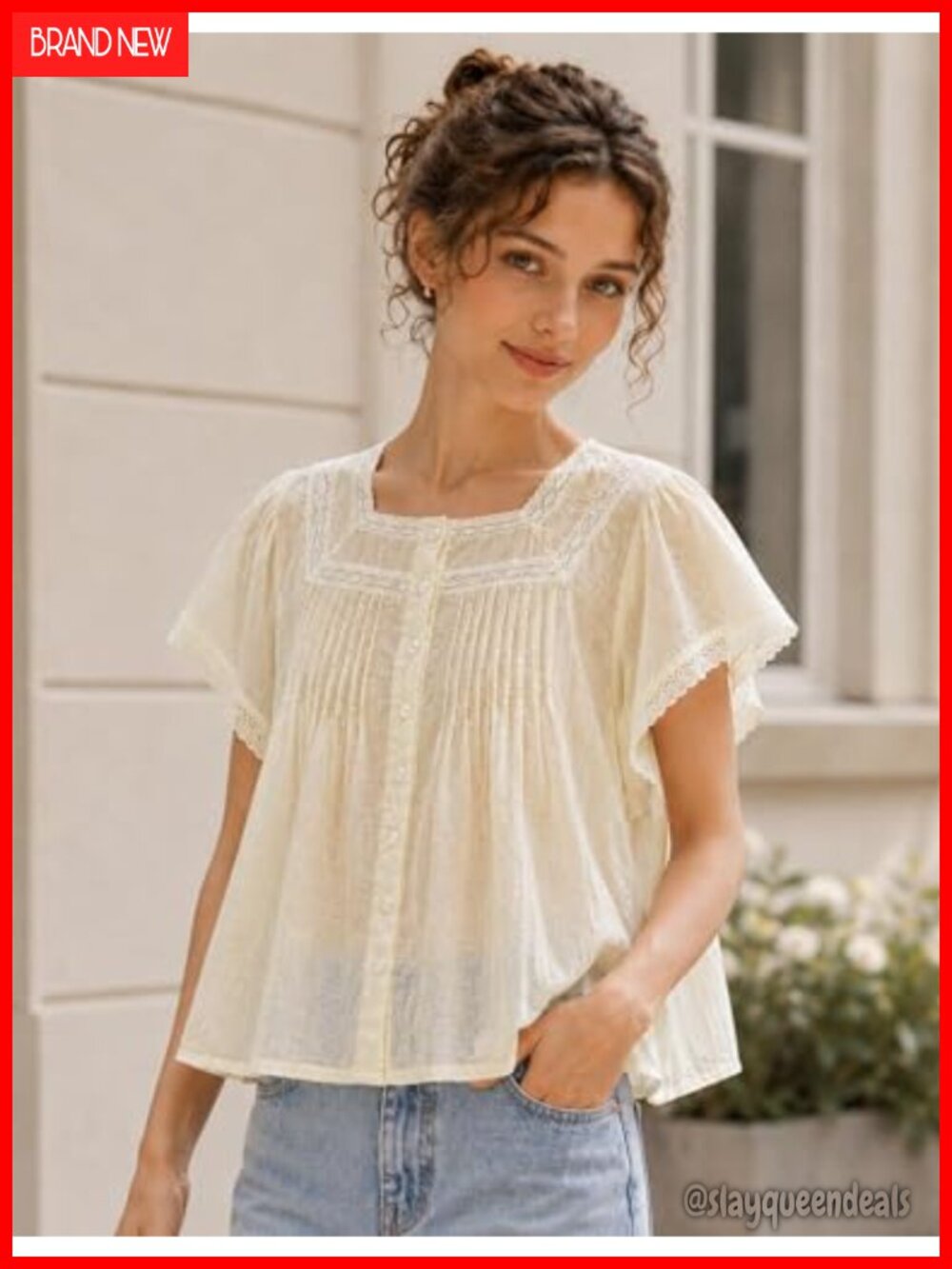 100% Cotton Lace Babydoll Top Square Neck Flutter Sleeve Button Down Crop Blouse - Picture 3 of 7